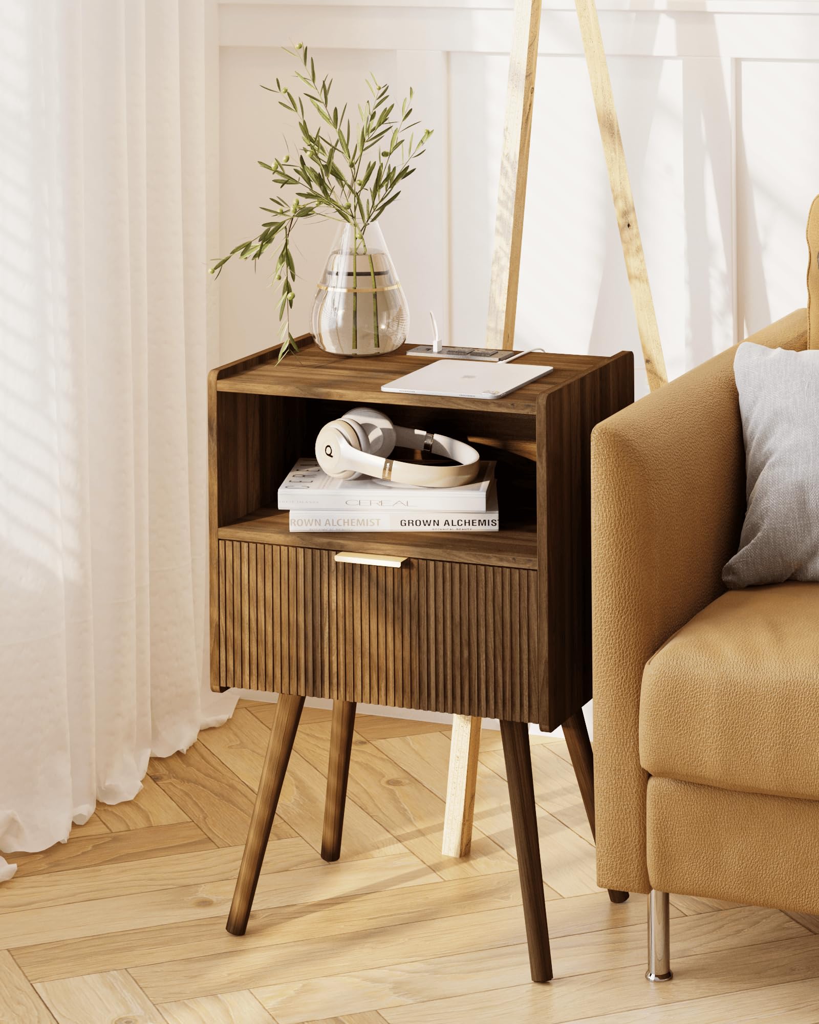 JOONEE Nightstand,Modern Bedside Table with Storage Drawer and Open Wood Shelf, for Living Room, Bedroom and Small Spaces, Accent Night Stand with Solid Wood Legs, Easy Assembly,Walnut Brown