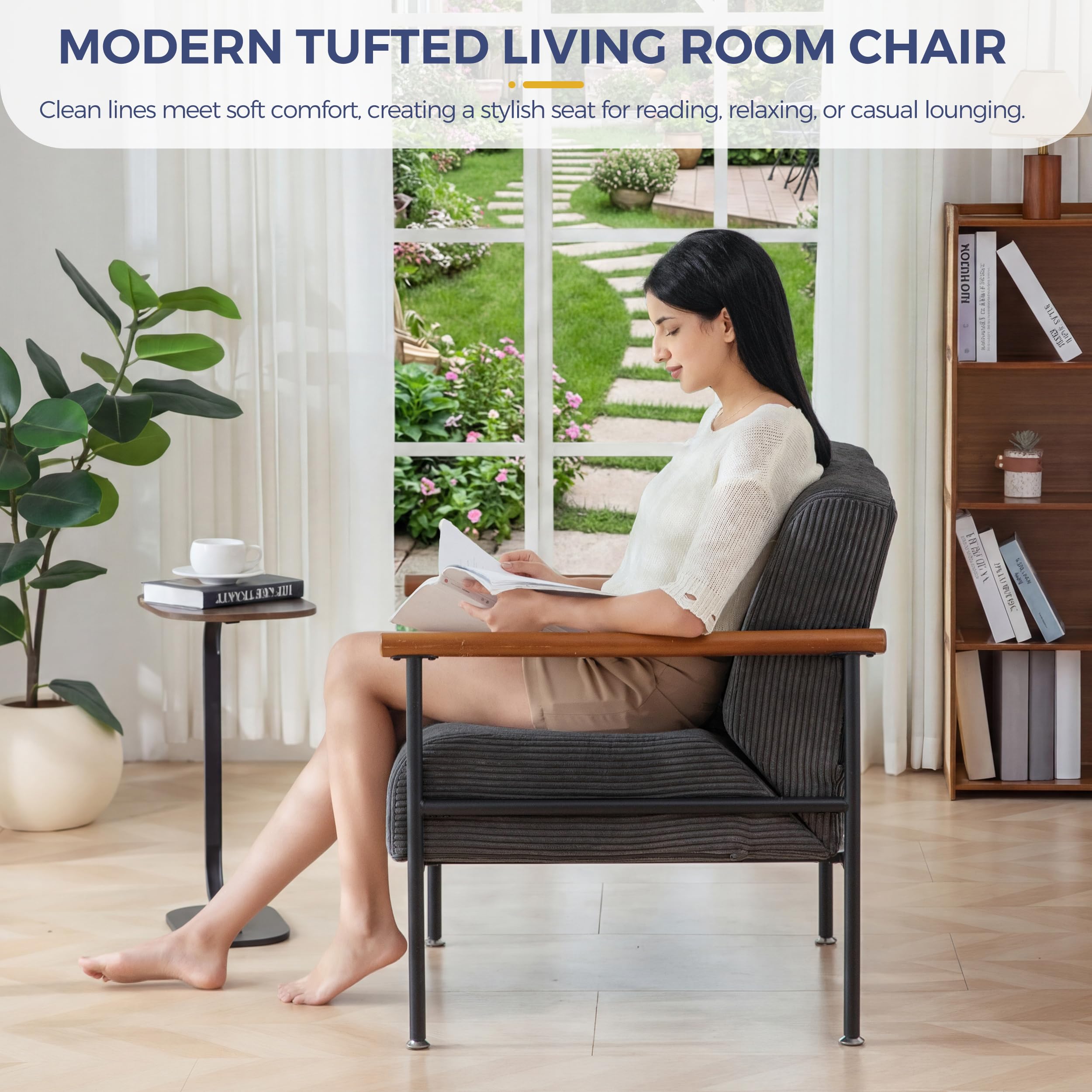 MAXYOYO Living Room Accent Chair, Modern Chair with Sturdy Metal Frame & Wood Armrests, Upholstered Reading Chair with Upholstered Cushion for Bedroom Balcony Porch, Beige