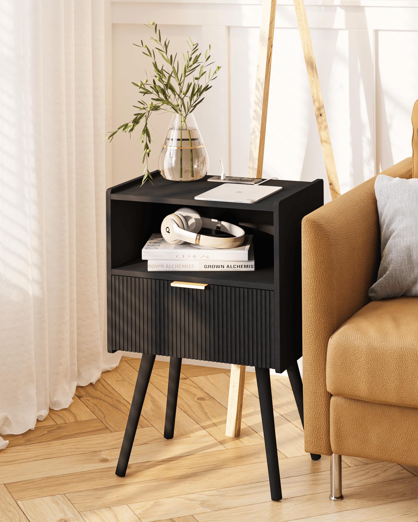 JOONEE Nightstand,Modern Bedside Table with Storage Drawer and Open Wood Shelf, for Living Room, Bedroom and Small Spaces, Accent Night Stand with Solid Wood Legs, Easy Assembly,Walnut Brown