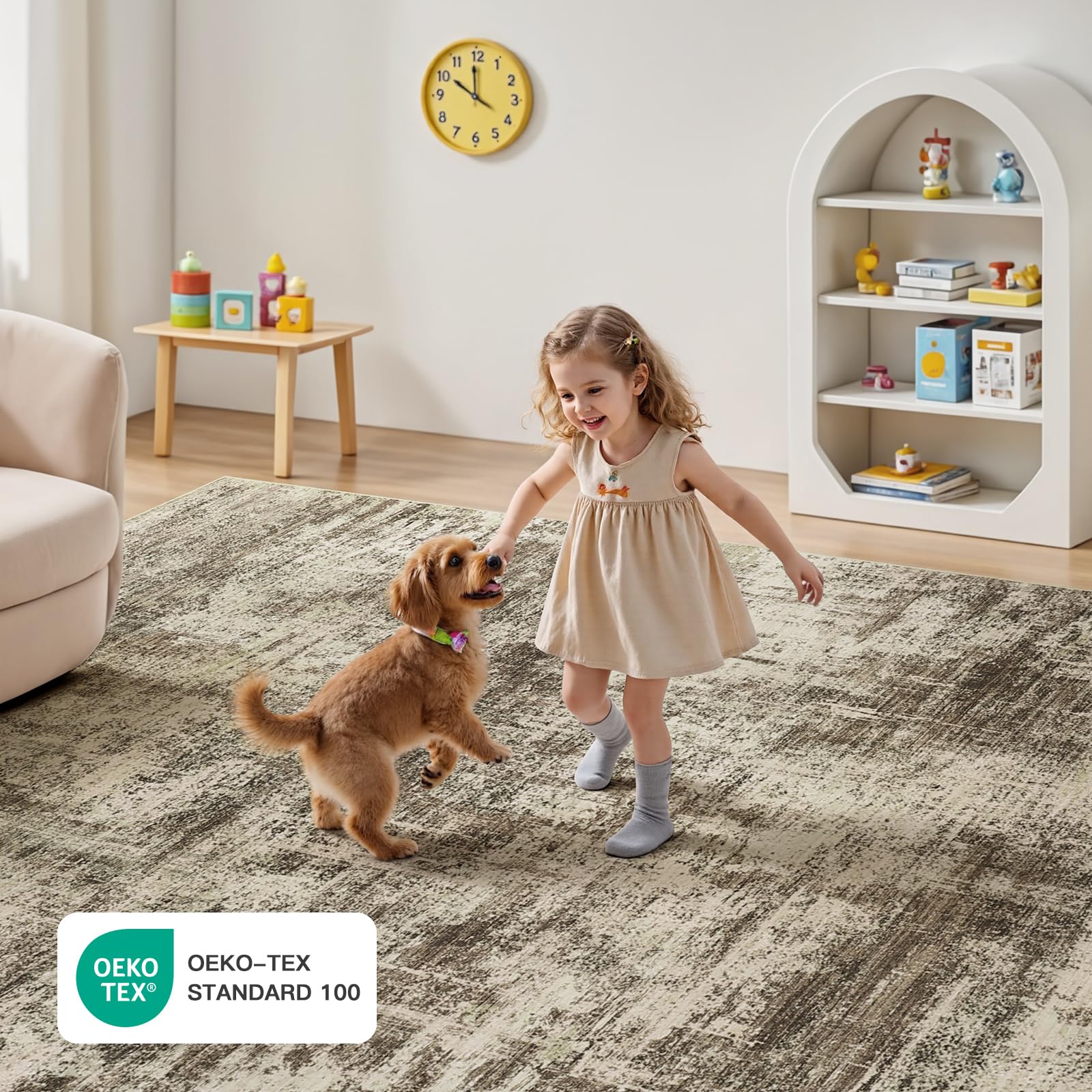 Lofus 8x10 Area Rug for Living Room, Gold Abstract Large Rugs with Non-Slip Backing, Neutral Modern Washable Carpet for Bedroom Dining Room Home Office Nursery Indoor
