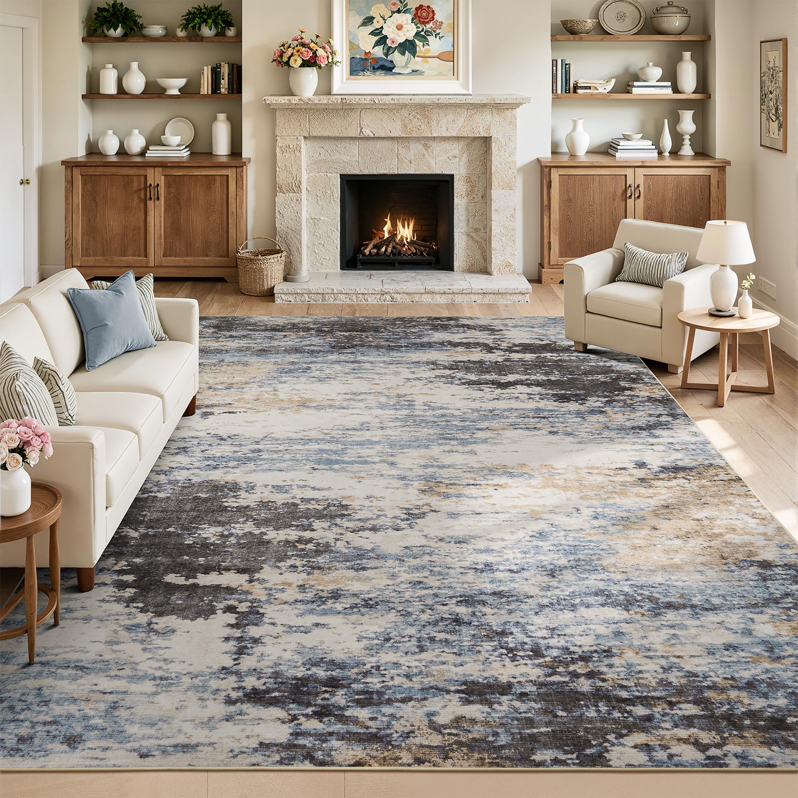 Lofus 8x10 Area Rug for Living Room, Gold Abstract Large Rugs with Non-Slip Backing, Neutral Modern Washable Carpet for Bedroom Dining Room Home Office Nursery Indoor