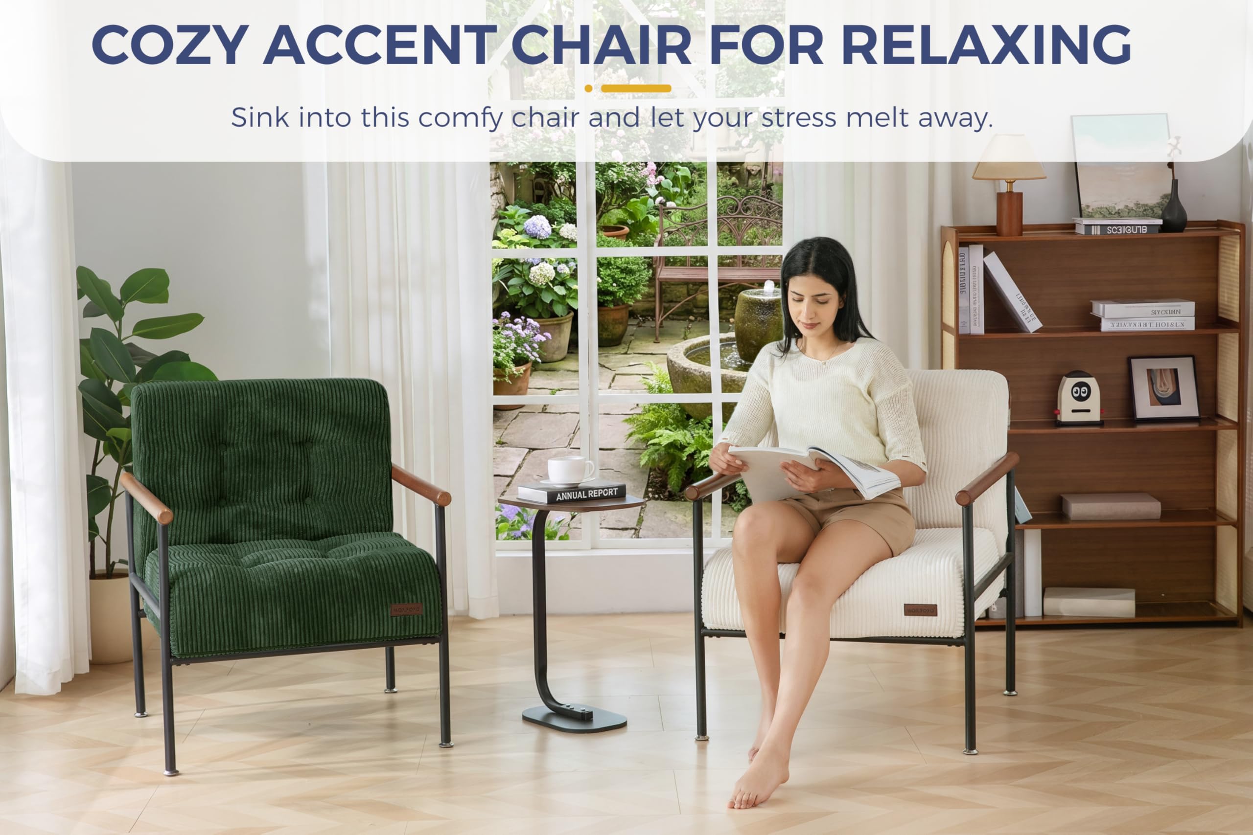 MAXYOYO Living Room Accent Chair, Modern Chair with Sturdy Metal Frame & Wood Armrests, Upholstered Reading Chair with Upholstered Cushion for Bedroom Balcony Porch, Beige