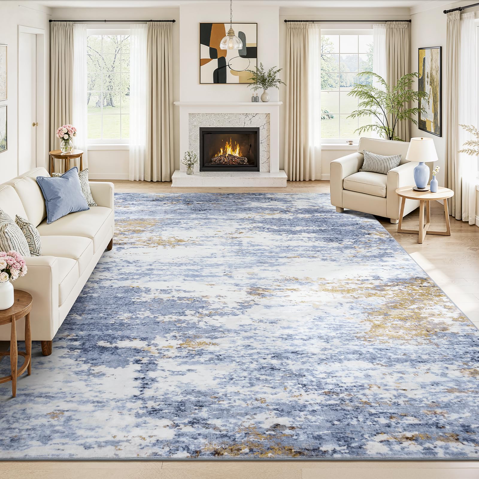 Lofus 8x10 Area Rug for Living Room, Gold Abstract Large Rugs with Non-Slip Backing, Neutral Modern Washable Carpet for Bedroom Dining Room Home Office Nursery Indoor