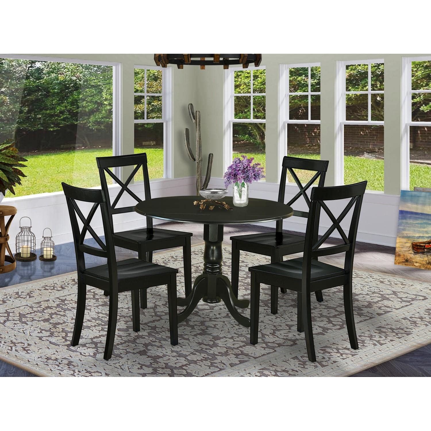 East West Furniture DLBO5-WHI-W 5 Piece Kitchen Table Set for 4 Includes a Round Dining Room Table with Dropleaf and 4 Solid Wood Seat Chairs, 42x42 Inch, Linen White