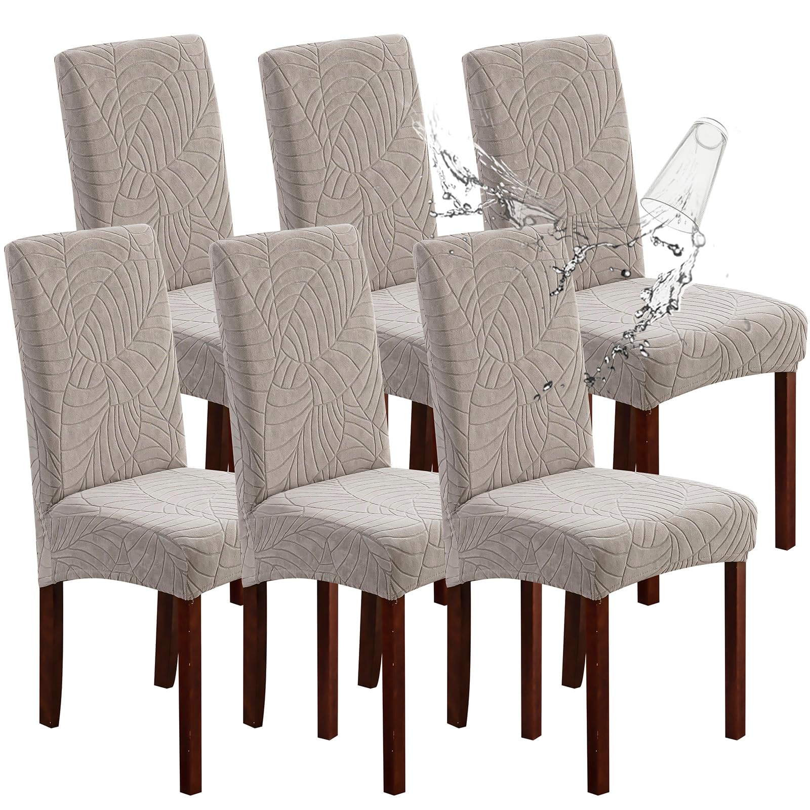 Genina 100% Waterproof Chair Covers for Dining Room Set of 4, Stretch Parson Chair Slipcovers for Kitchen Chairs, Washable Chair Protectors, Leaves-Warm Gray