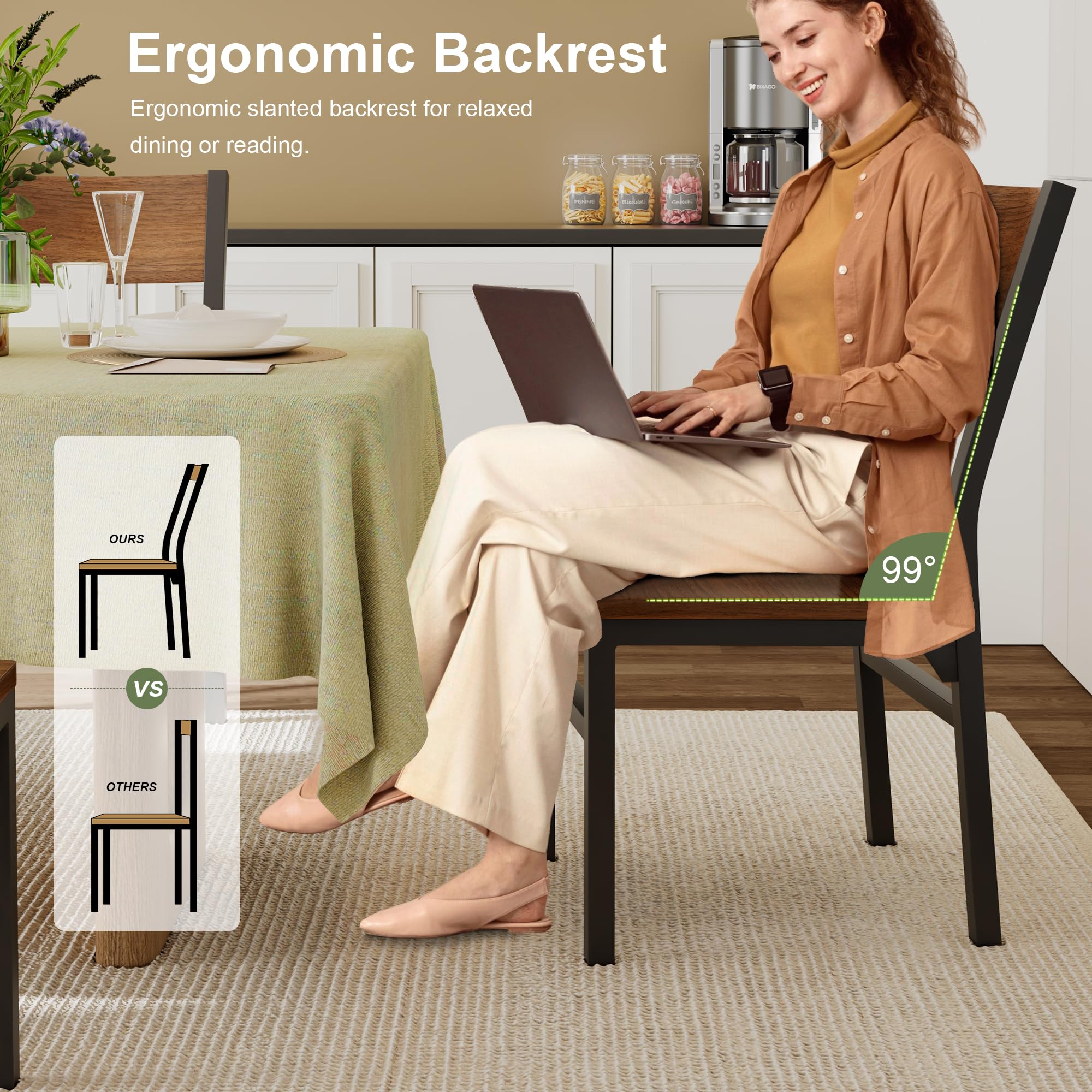 Feonase Dining Chairs Set of 6, Modern Kitchen Chairs with Ergonomic Backrest, MDF Board and Metal Legs, Dinner Chairs for Dining Room, Kitchen and Living Room, Walnut