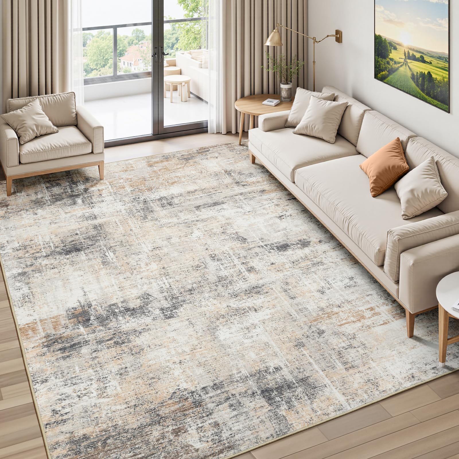 Lofus 8x10 Area Rug for Living Room, Gold Abstract Large Rugs with Non-Slip Backing, Neutral Modern Washable Carpet for Bedroom Dining Room Home Office Nursery Indoor