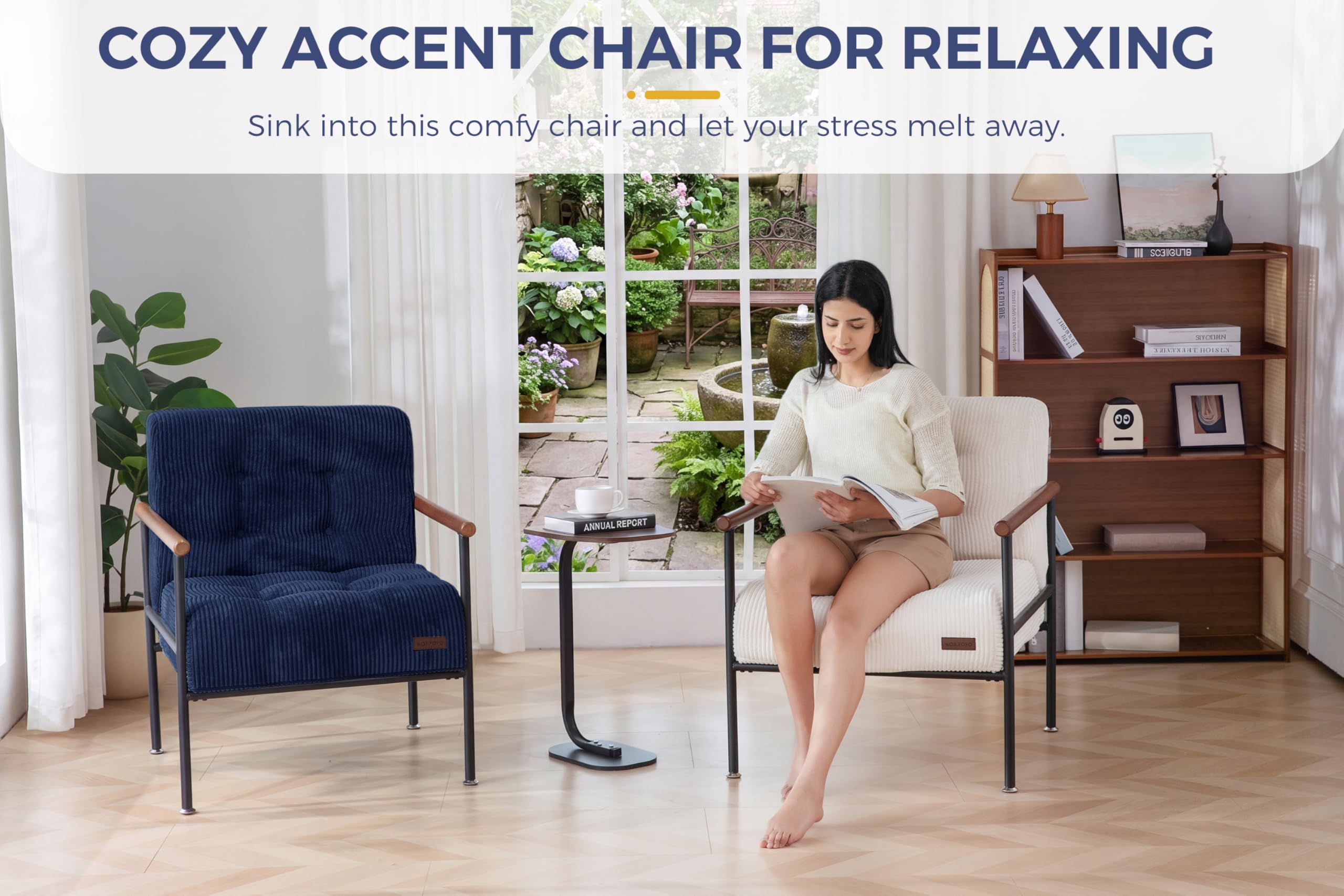 MAXYOYO Living Room Accent Chair, Modern Chair with Sturdy Metal Frame & Wood Armrests, Upholstered Reading Chair with Upholstered Cushion for Bedroom Balcony Porch, Beige