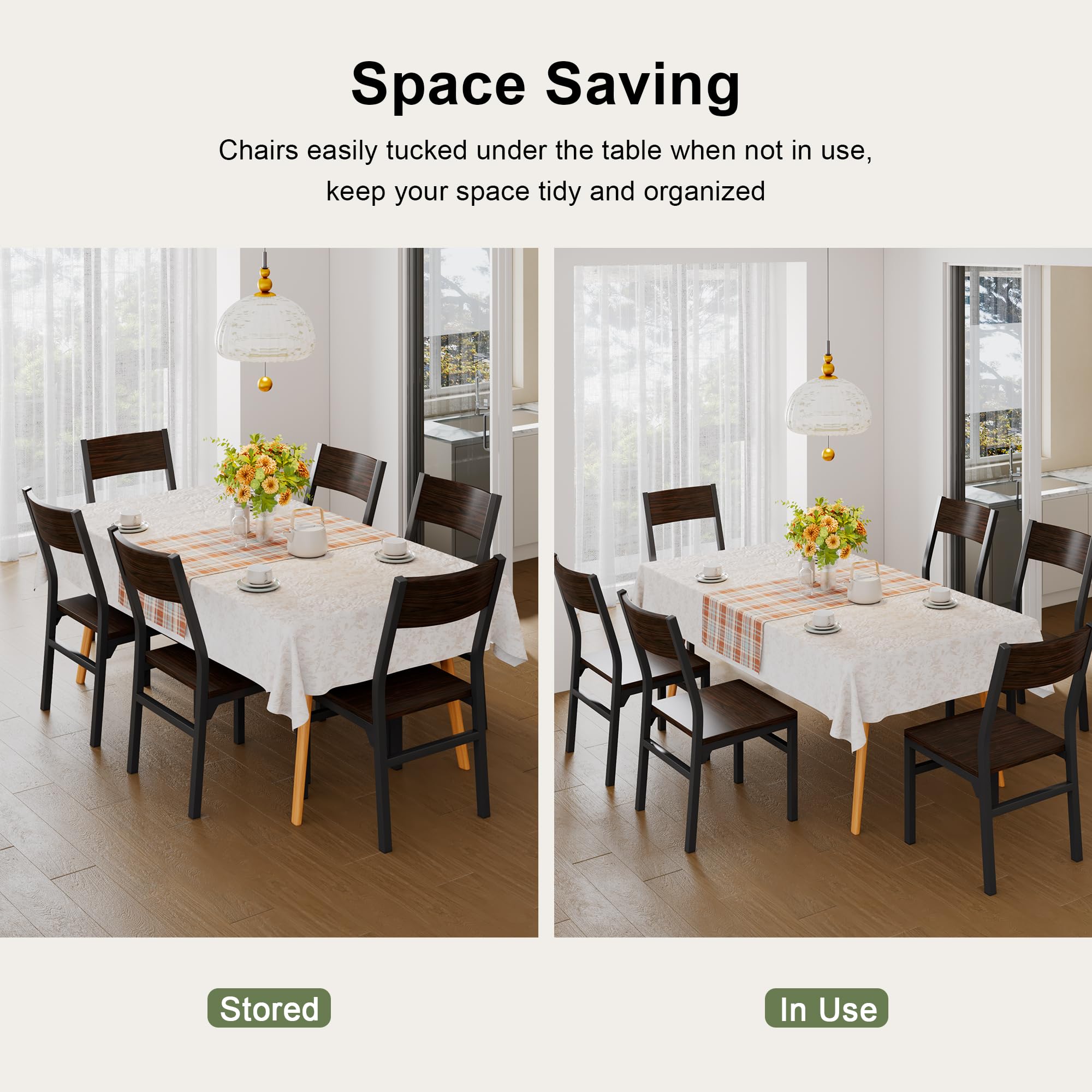 Feonase Dining Chairs Set of 6, Modern Kitchen Chairs with Ergonomic Backrest, MDF Board and Metal Legs, Dinner Chairs for Dining Room, Kitchen and Living Room, Walnut