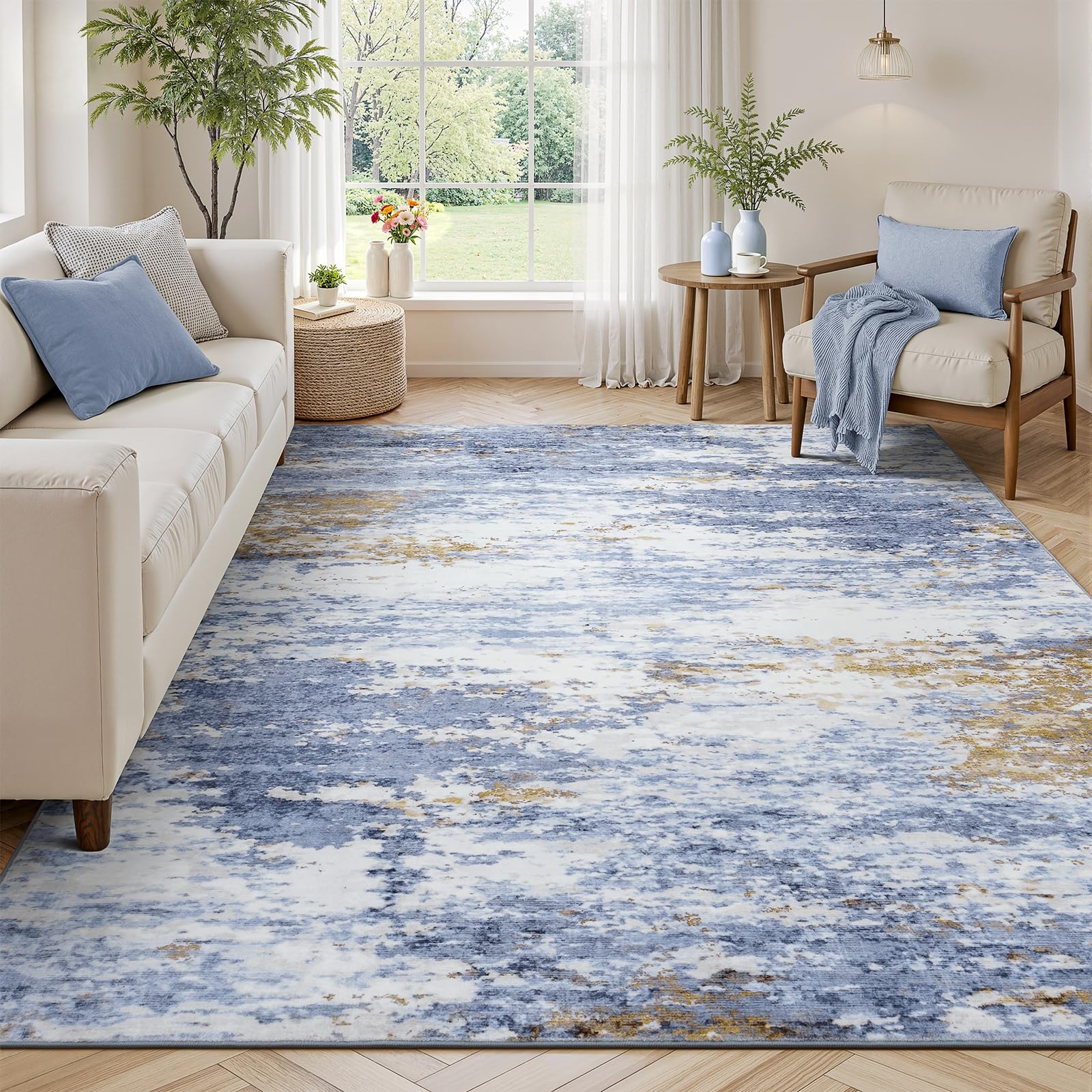 Lofus 8x10 Area Rug for Living Room, Gold Abstract Large Rugs with Non-Slip Backing, Neutral Modern Washable Carpet for Bedroom Dining Room Home Office Nursery Indoor