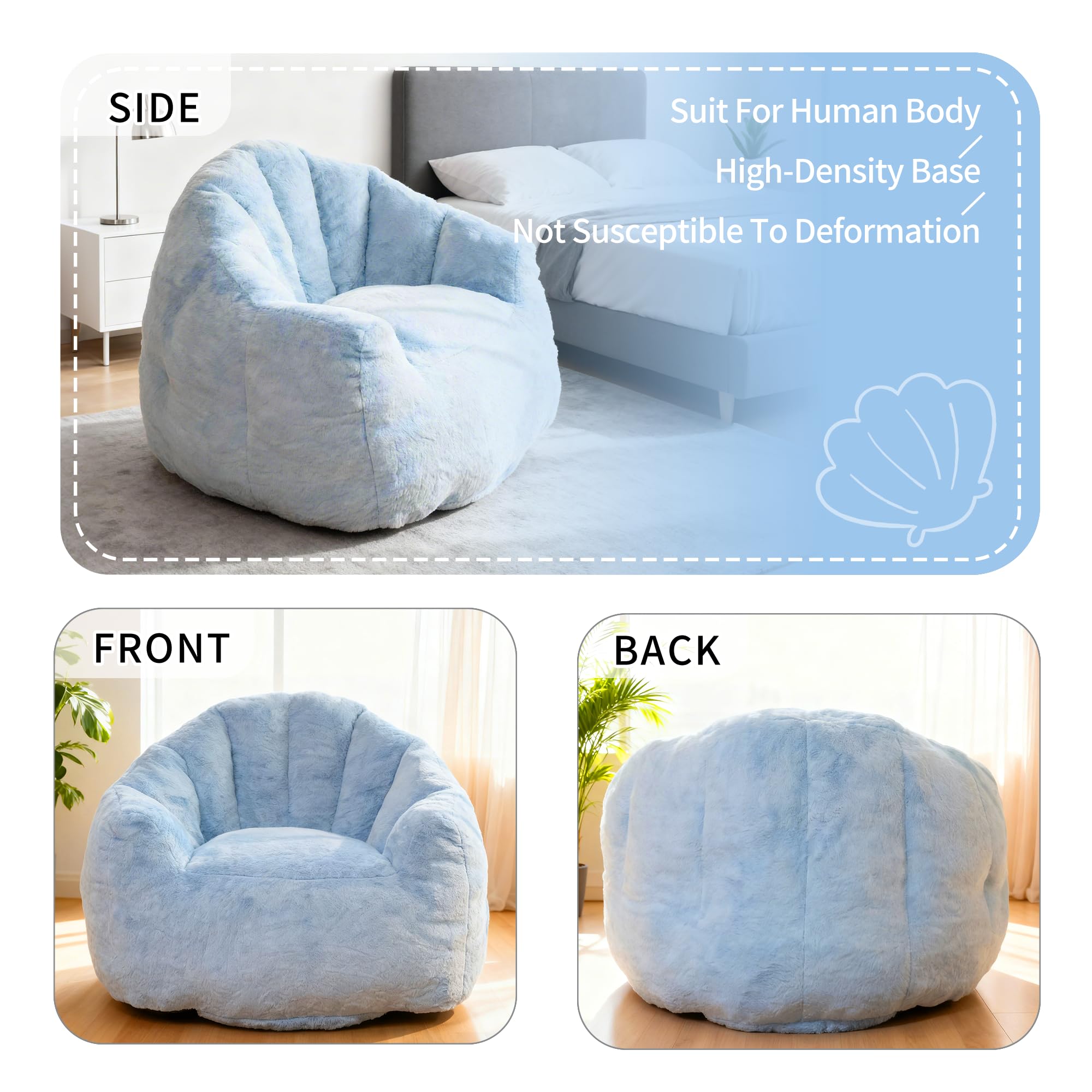 Bean Bag Chair, Giant Beanbag Chiars for Adults, Faux Fur Shell-Shaped Floor Sofa with Filler, Comfy Chair for Reading, Gaming and Relax (Grey)