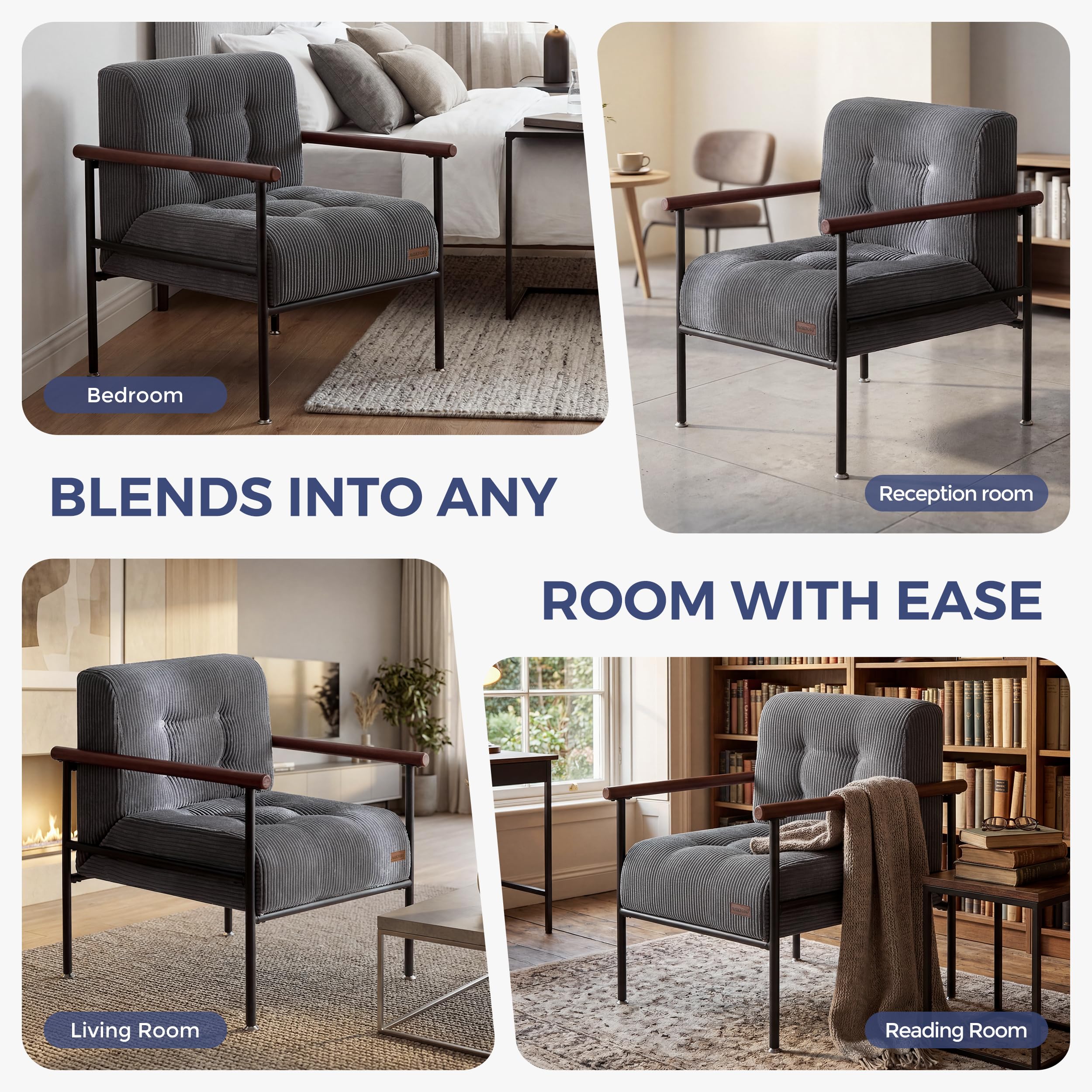MAXYOYO Living Room Accent Chair, Modern Chair with Sturdy Metal Frame & Wood Armrests, Upholstered Reading Chair with Upholstered Cushion for Bedroom Balcony Porch, Beige