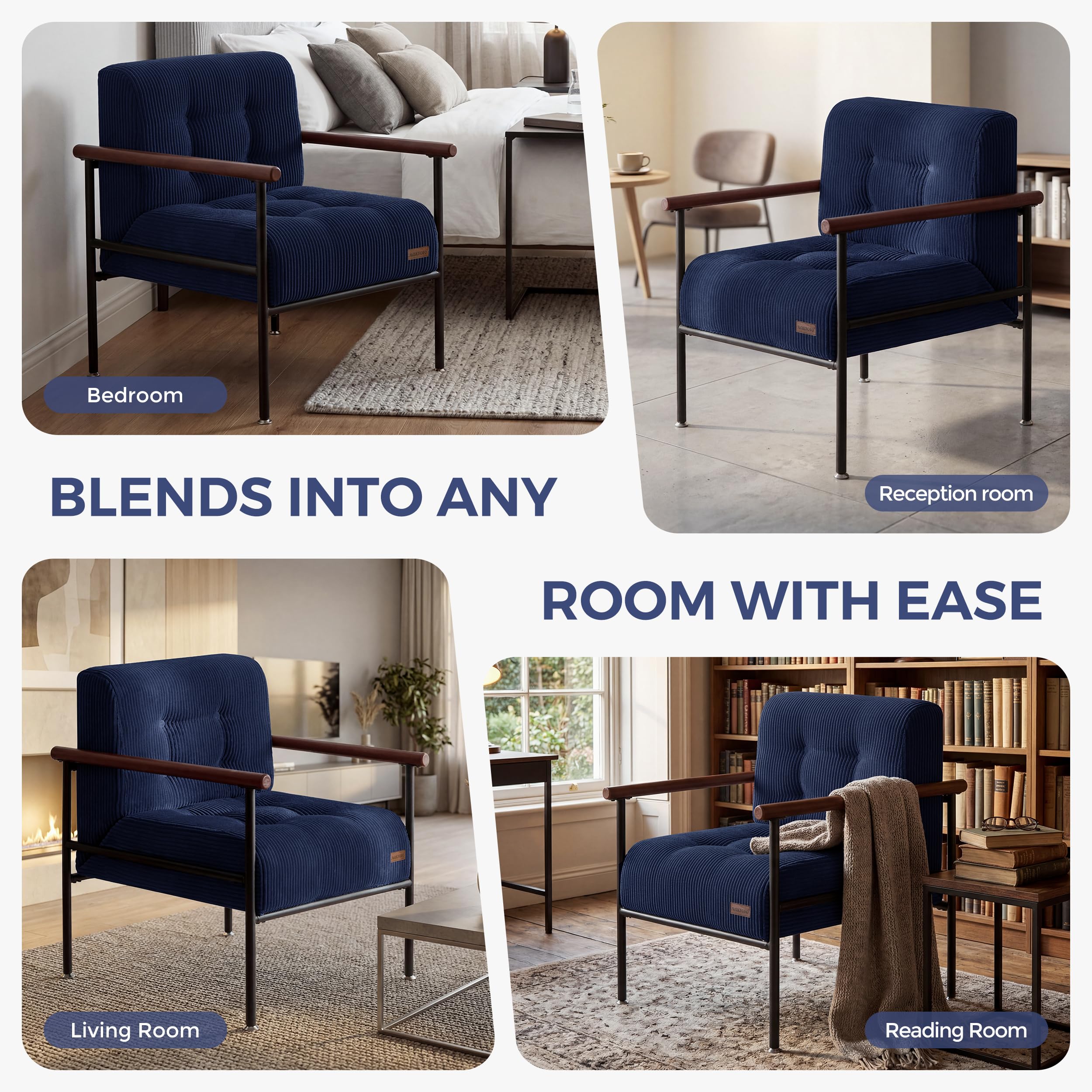 MAXYOYO Living Room Accent Chair, Modern Chair with Sturdy Metal Frame & Wood Armrests, Upholstered Reading Chair with Upholstered Cushion for Bedroom Balcony Porch, Beige