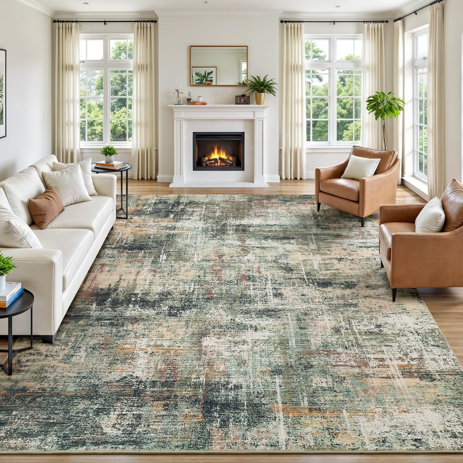 Lofus 8x10 Area Rug for Living Room, Gold Abstract Large Rugs with Non-Slip Backing, Neutral Modern Washable Carpet for Bedroom Dining Room Home Office Nursery Indoor
