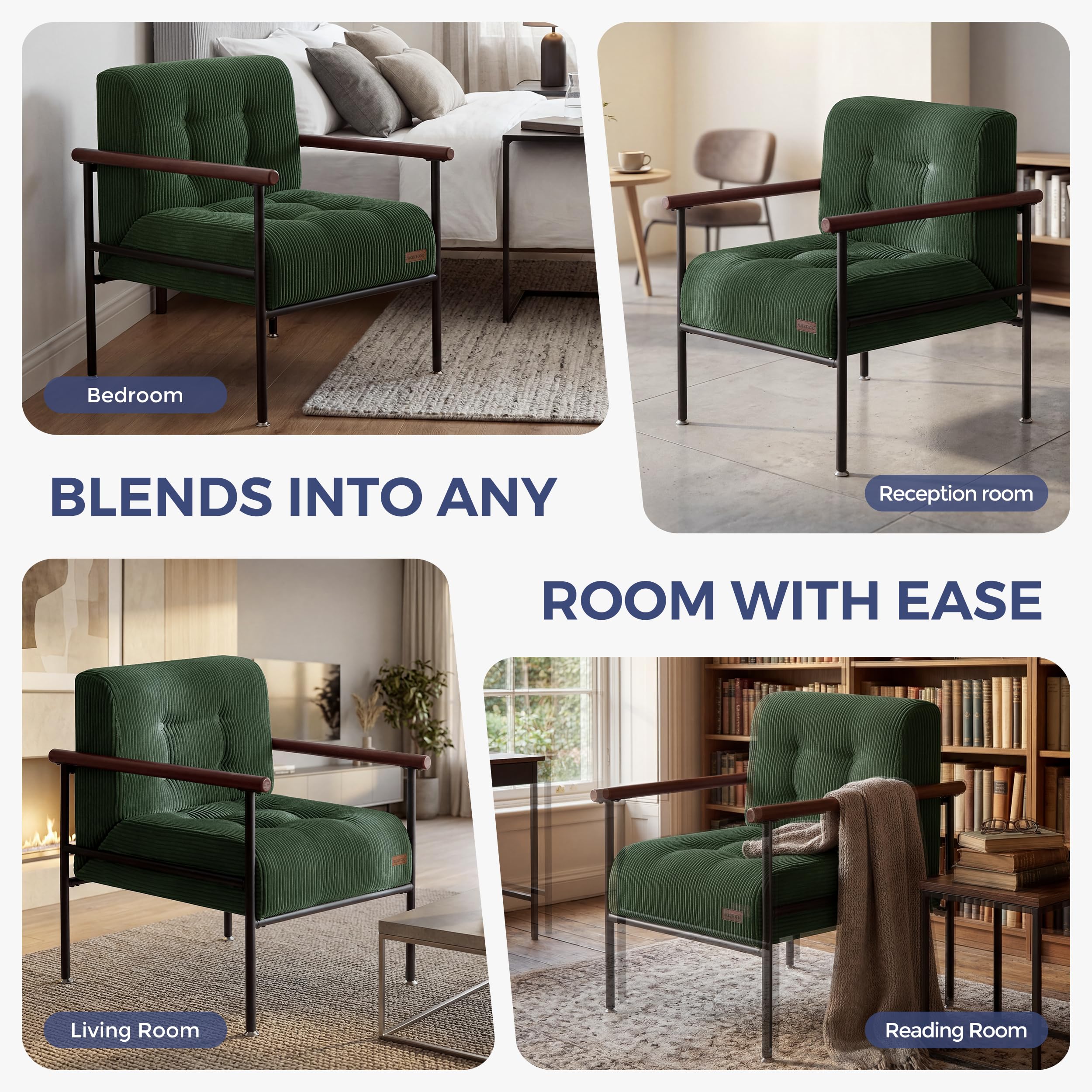 MAXYOYO Living Room Accent Chair, Modern Chair with Sturdy Metal Frame & Wood Armrests, Upholstered Reading Chair with Upholstered Cushion for Bedroom Balcony Porch, Beige