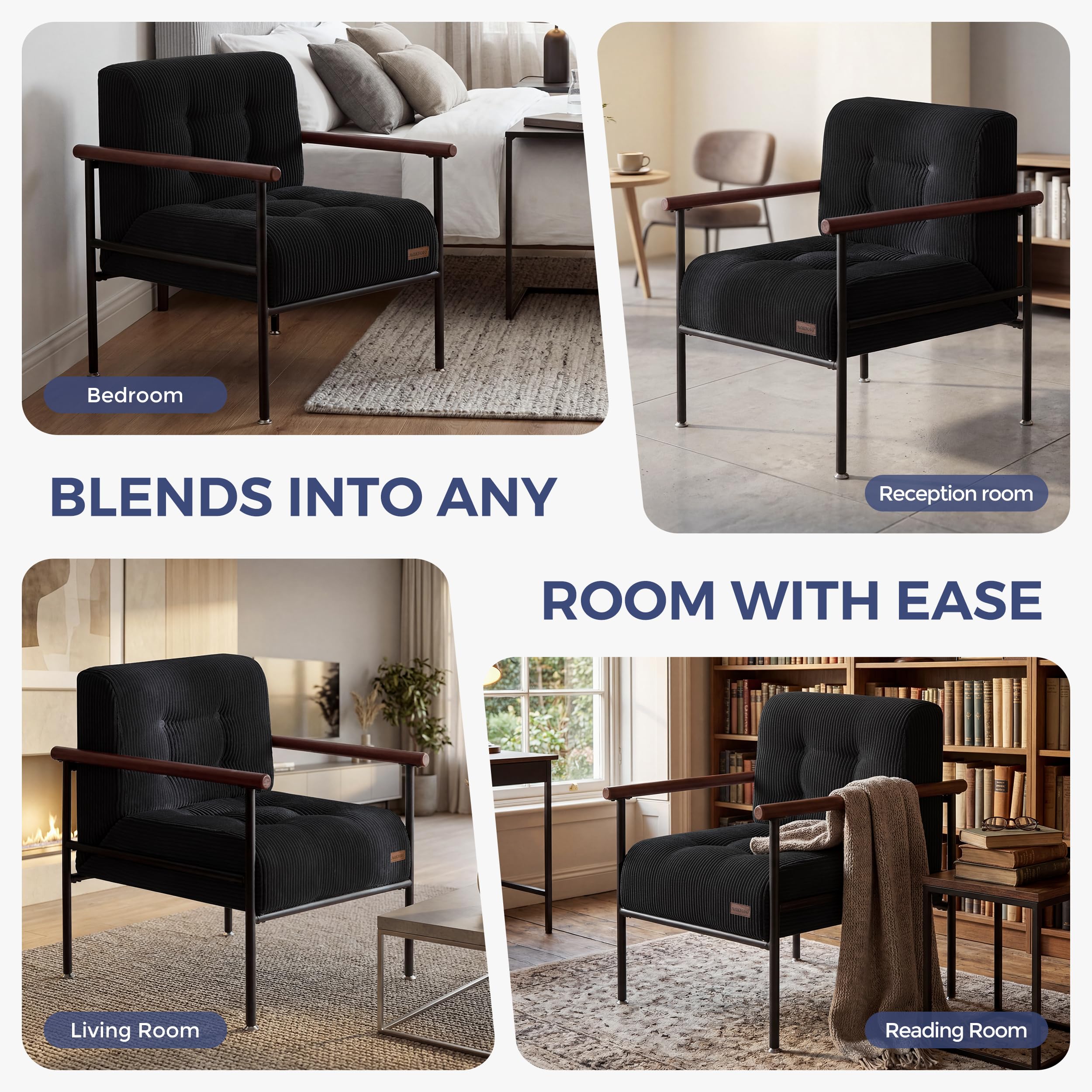 MAXYOYO Living Room Accent Chair, Modern Chair with Sturdy Metal Frame & Wood Armrests, Upholstered Reading Chair with Upholstered Cushion for Bedroom Balcony Porch, Beige