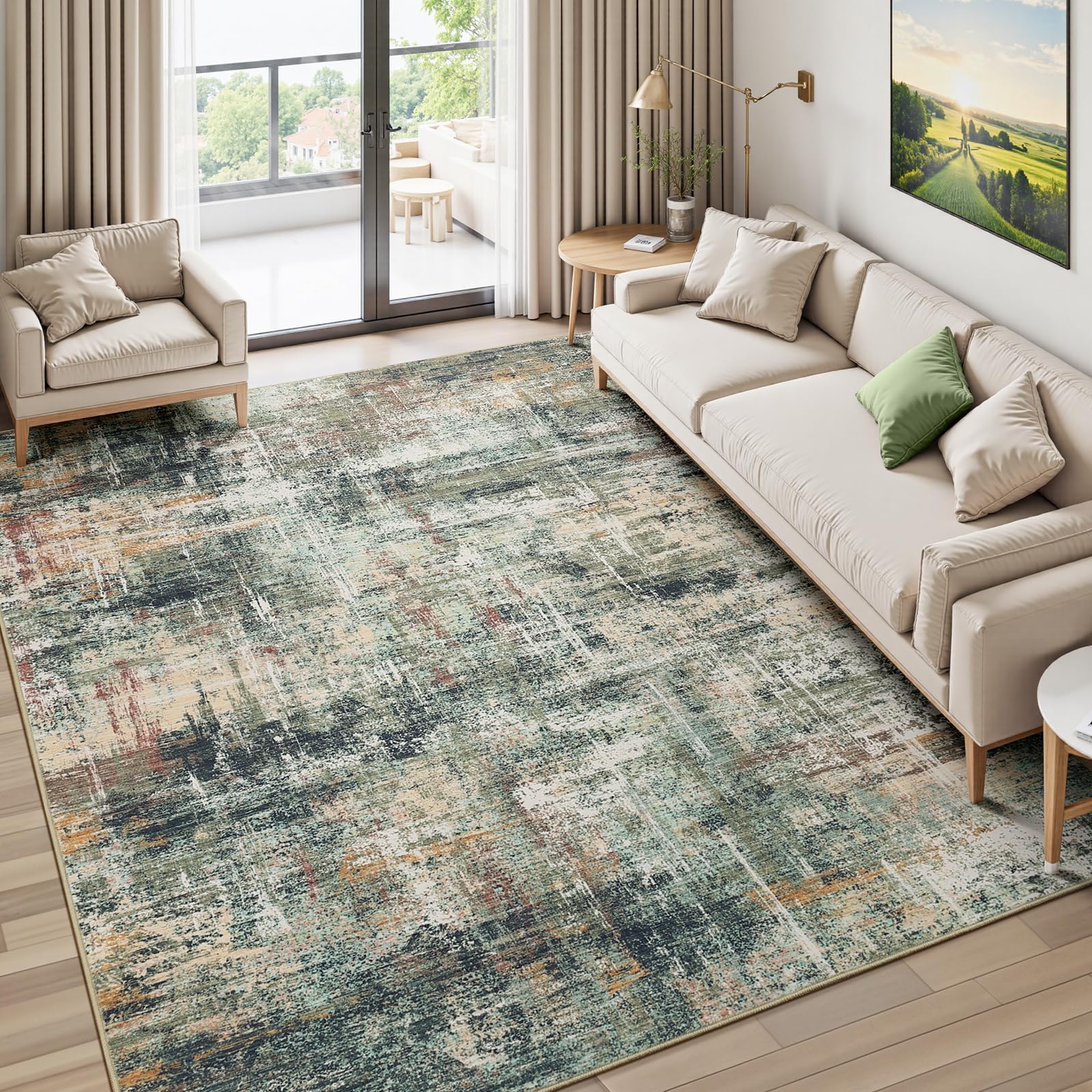 Lofus 8x10 Area Rug for Living Room, Gold Abstract Large Rugs with Non-Slip Backing, Neutral Modern Washable Carpet for Bedroom Dining Room Home Office Nursery Indoor