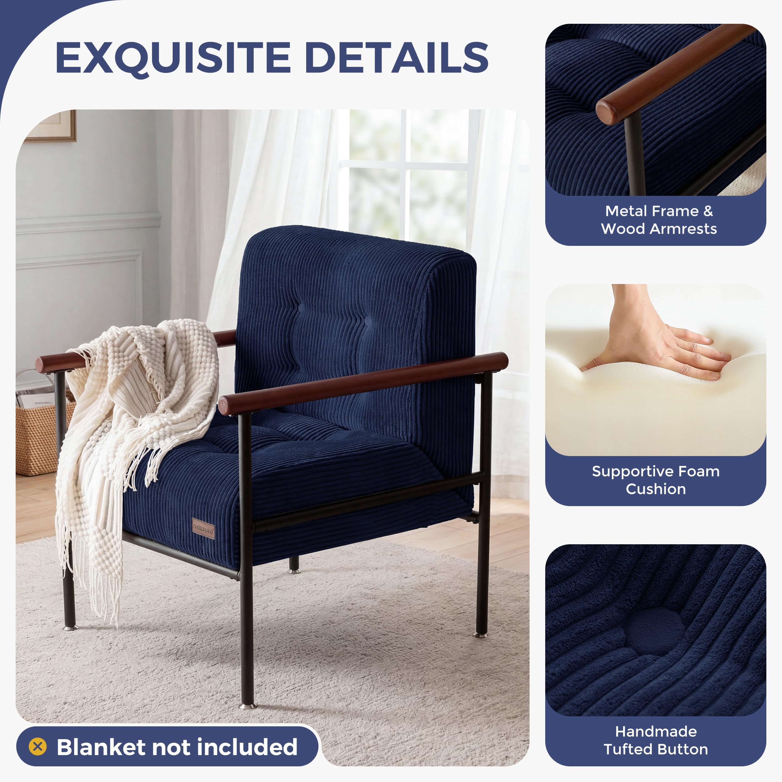 MAXYOYO Living Room Accent Chair, Modern Chair with Sturdy Metal Frame & Wood Armrests, Upholstered Reading Chair with Upholstered Cushion for Bedroom Balcony Porch, Beige