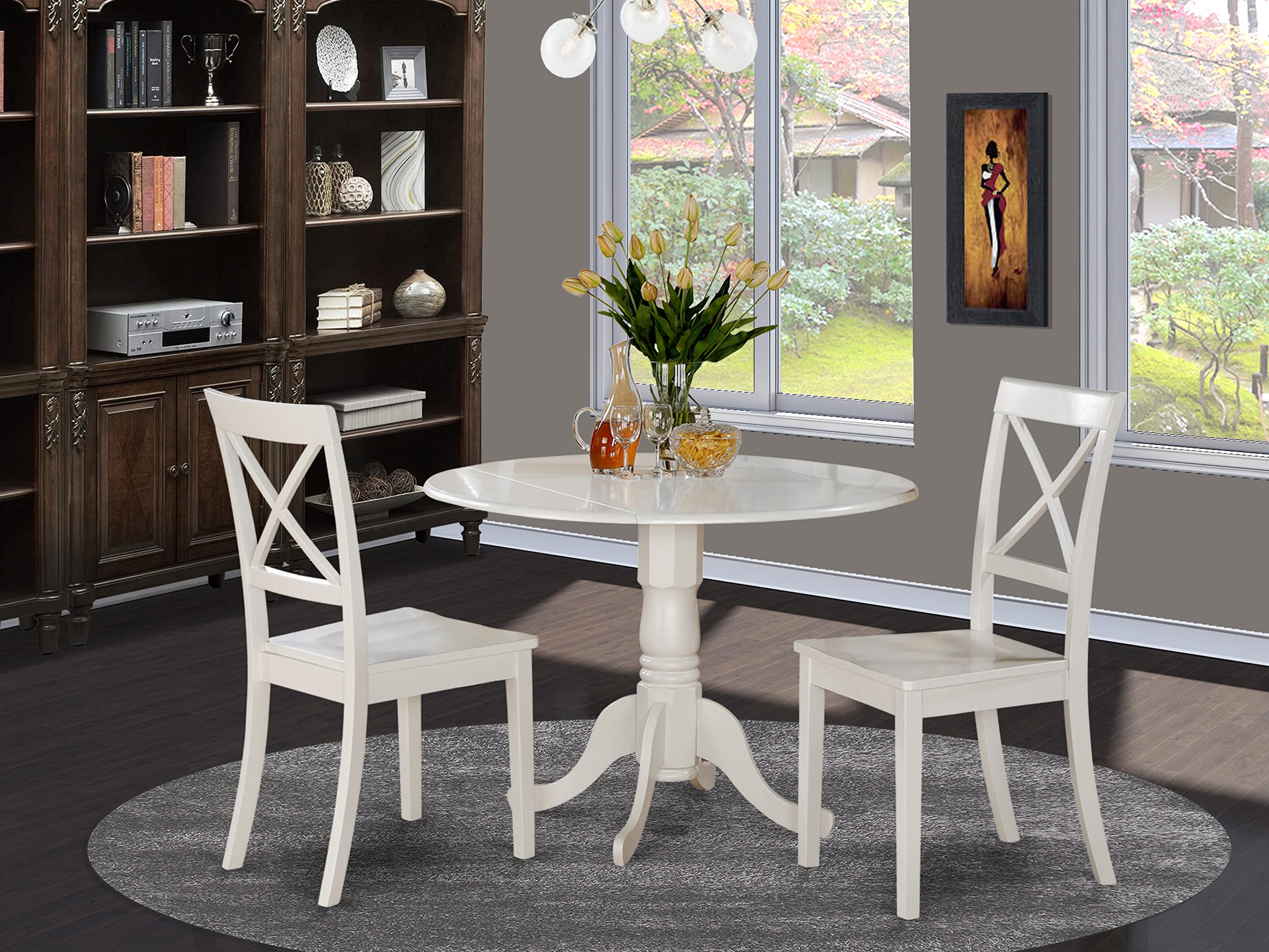 East West Furniture DLBO5-WHI-W 5 Piece Kitchen Table Set for 4 Includes a Round Dining Room Table with Dropleaf and 4 Solid Wood Seat Chairs, 42x42 Inch, Linen White