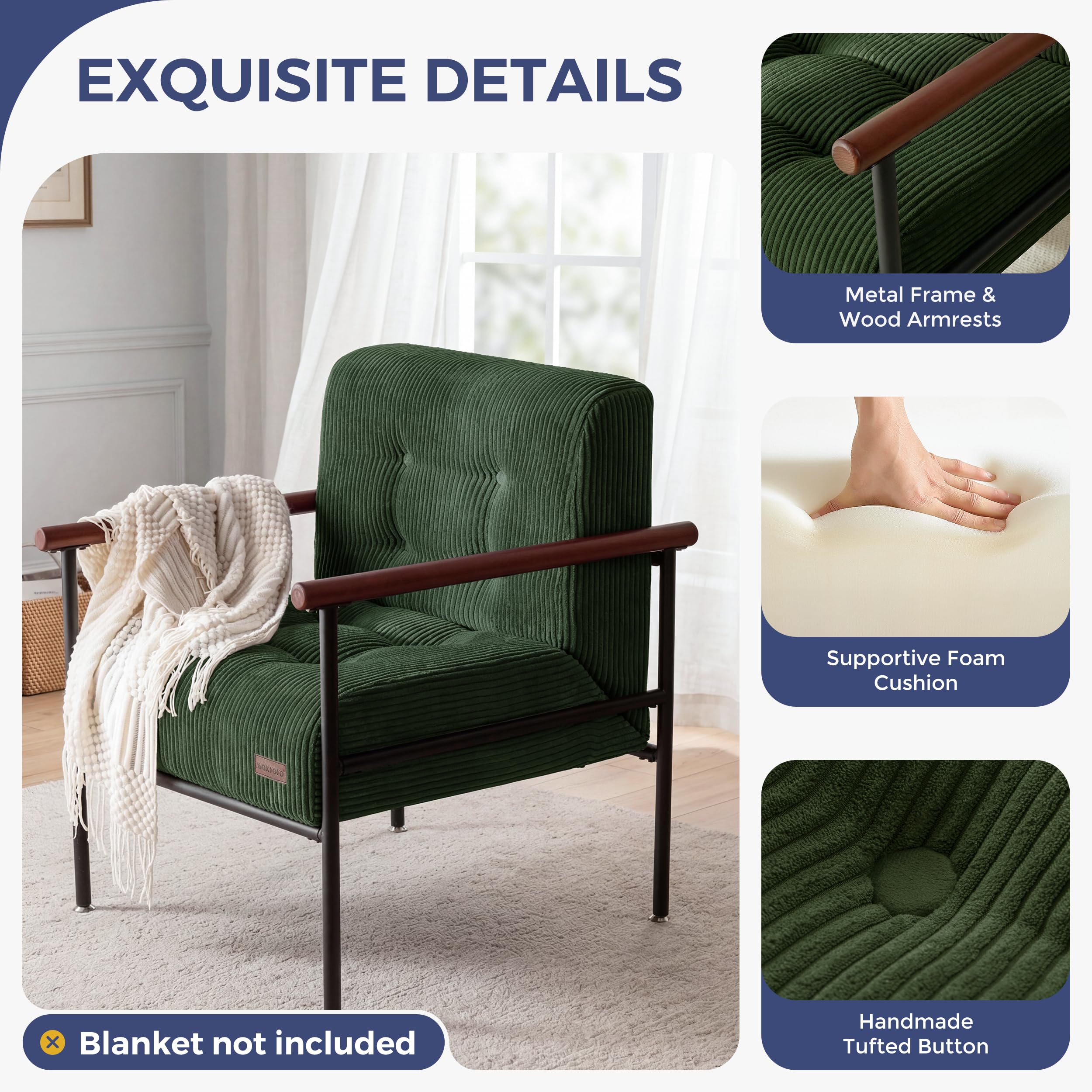 MAXYOYO Living Room Accent Chair, Modern Chair with Sturdy Metal Frame & Wood Armrests, Upholstered Reading Chair with Upholstered Cushion for Bedroom Balcony Porch, Beige