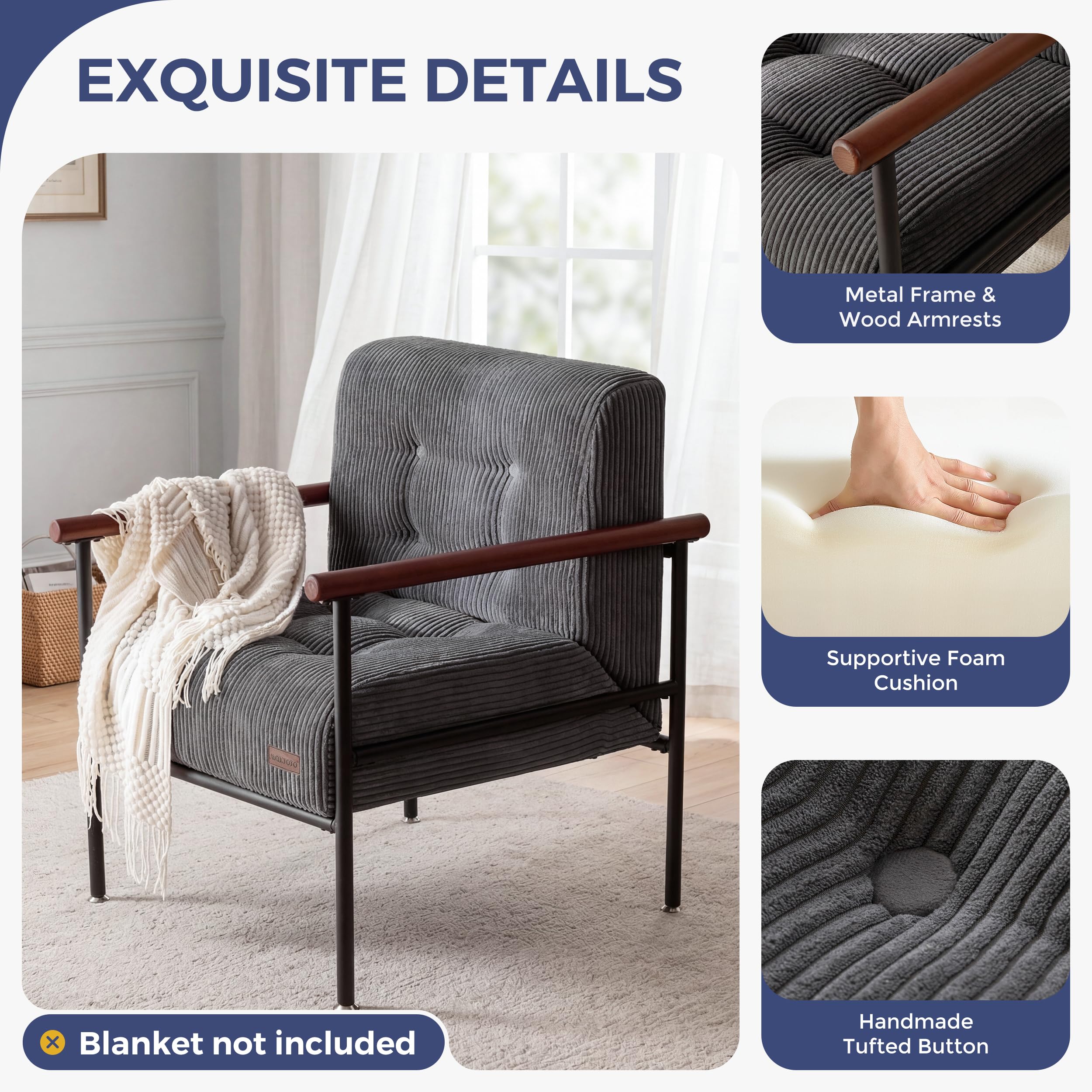 MAXYOYO Living Room Accent Chair, Modern Chair with Sturdy Metal Frame & Wood Armrests, Upholstered Reading Chair with Upholstered Cushion for Bedroom Balcony Porch, Beige