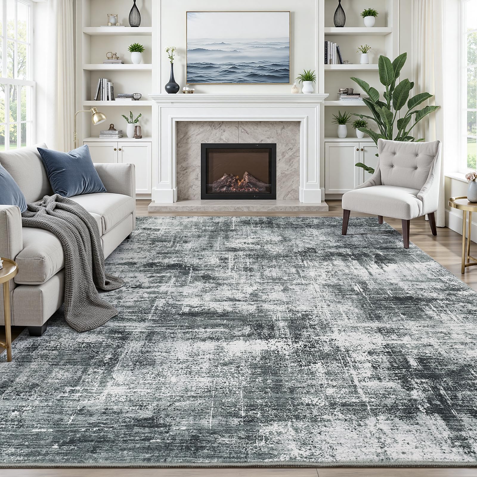 Lofus 8x10 Area Rug for Living Room, Gold Abstract Large Rugs with Non-Slip Backing, Neutral Modern Washable Carpet for Bedroom Dining Room Home Office Nursery Indoor