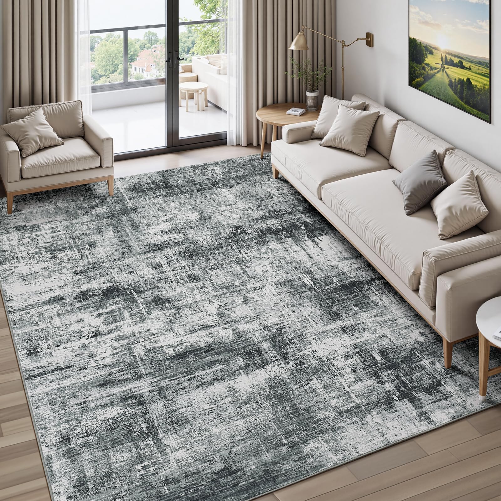 Lofus 8x10 Area Rug for Living Room, Gold Abstract Large Rugs with Non-Slip Backing, Neutral Modern Washable Carpet for Bedroom Dining Room Home Office Nursery Indoor