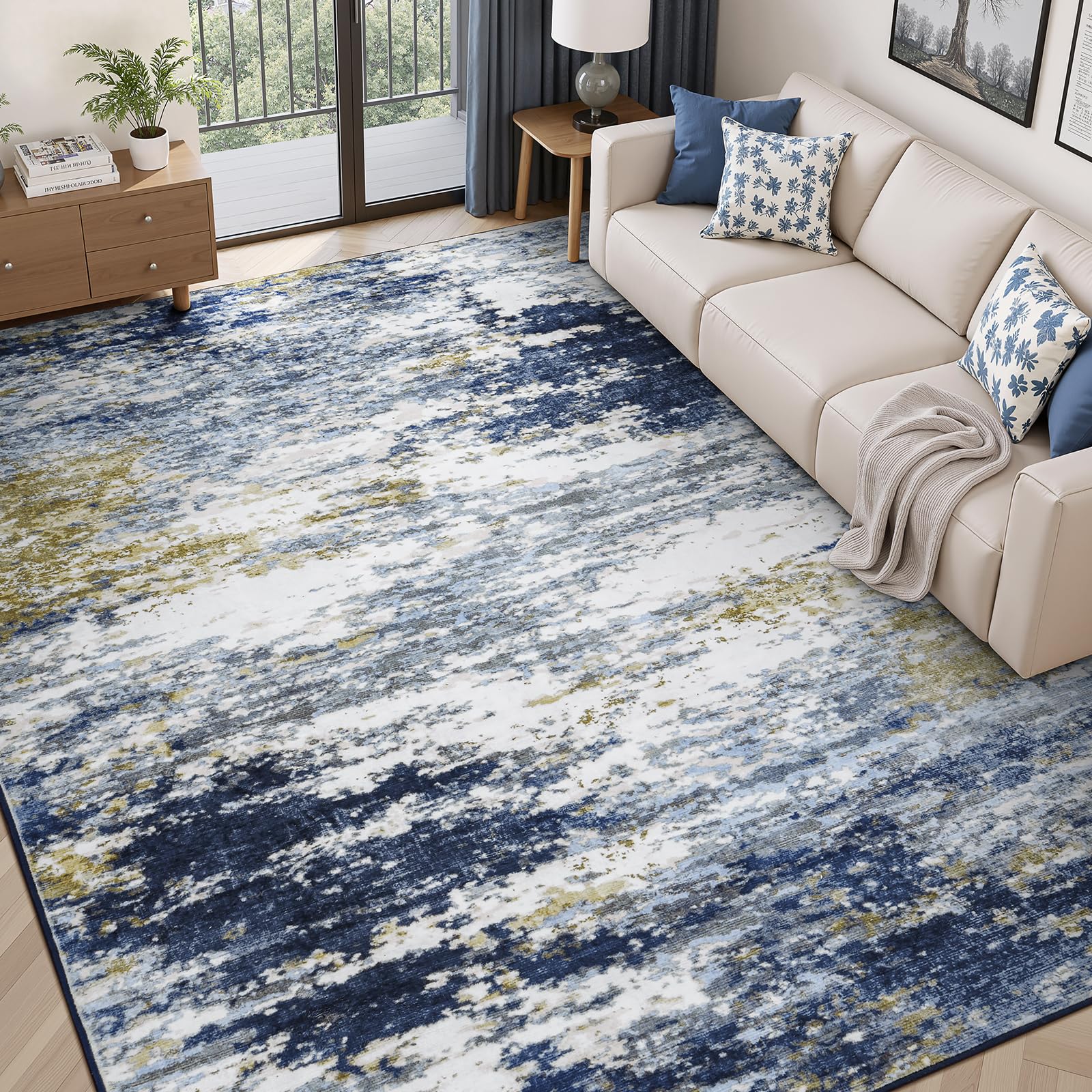 Lofus 8x10 Area Rug for Living Room, Gold Abstract Large Rugs with Non-Slip Backing, Neutral Modern Washable Carpet for Bedroom Dining Room Home Office Nursery Indoor