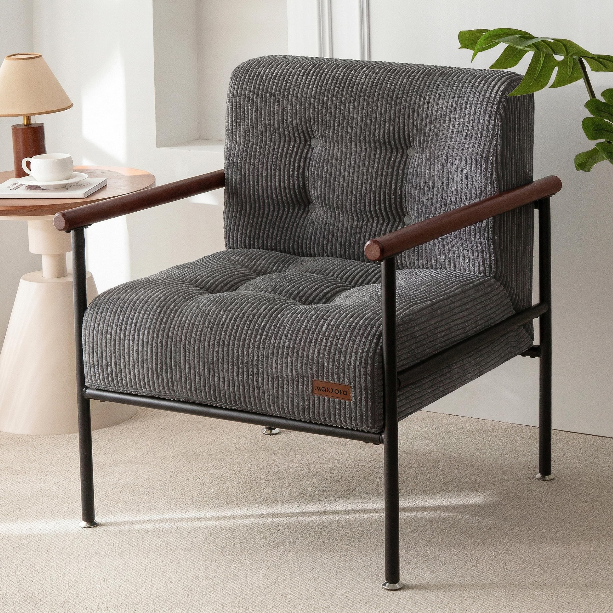 MAXYOYO Living Room Accent Chair, Modern Chair with Sturdy Metal Frame & Wood Armrests, Upholstered Reading Chair with Upholstered Cushion for Bedroom Balcony Porch, Beige